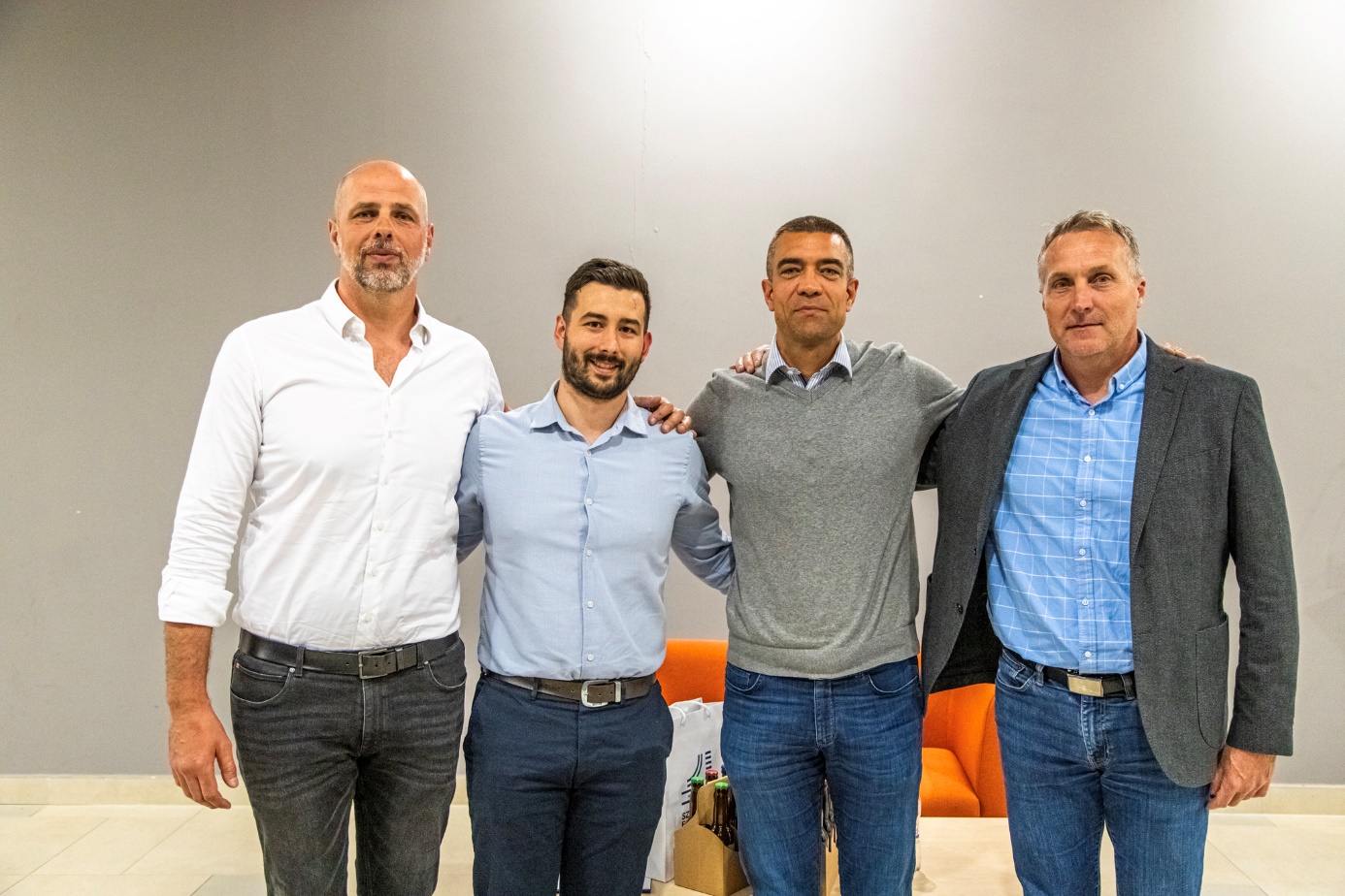 István Gergely (on the left) and Dr. Barnabás Steinmetz (third from left), Olympic champion water polo players, were also present at the film club.  In the picture you can also see Gergő Scheck, organiser of the film club (second from left) and Dr. Tamás Gyömörei, head of the University's Centre for Sport and Recreation (far right).